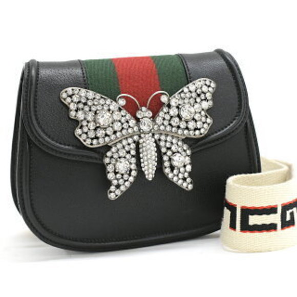 Gucci Totem Shoulder Bag Crystal Butterfly Leather Black Web Stripe - Picture 1 of 8
